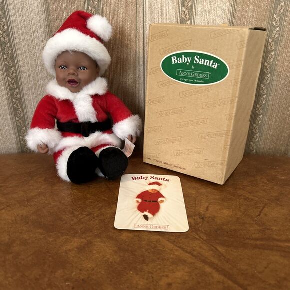Vintage 1999 Anne Geddes African black Baby Santa Claus Doll Unimax 9" Christmas - Picture 1 of 15